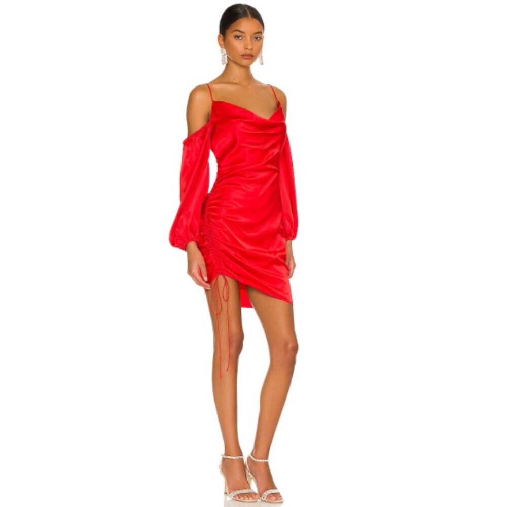 CINQ À SEPT 'Marsey' Silk-Satin Cold-Shoulder Mini Dress, Maraschino Cherry Red - Picture 2 of 3